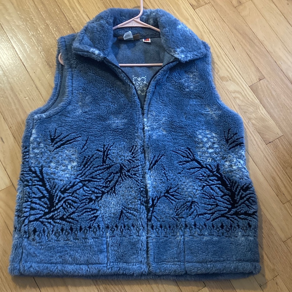 VTG Mazmania Blue Gray Fuzzy Fleece Zip Up Vest Snowflakes Winter Wonderland L